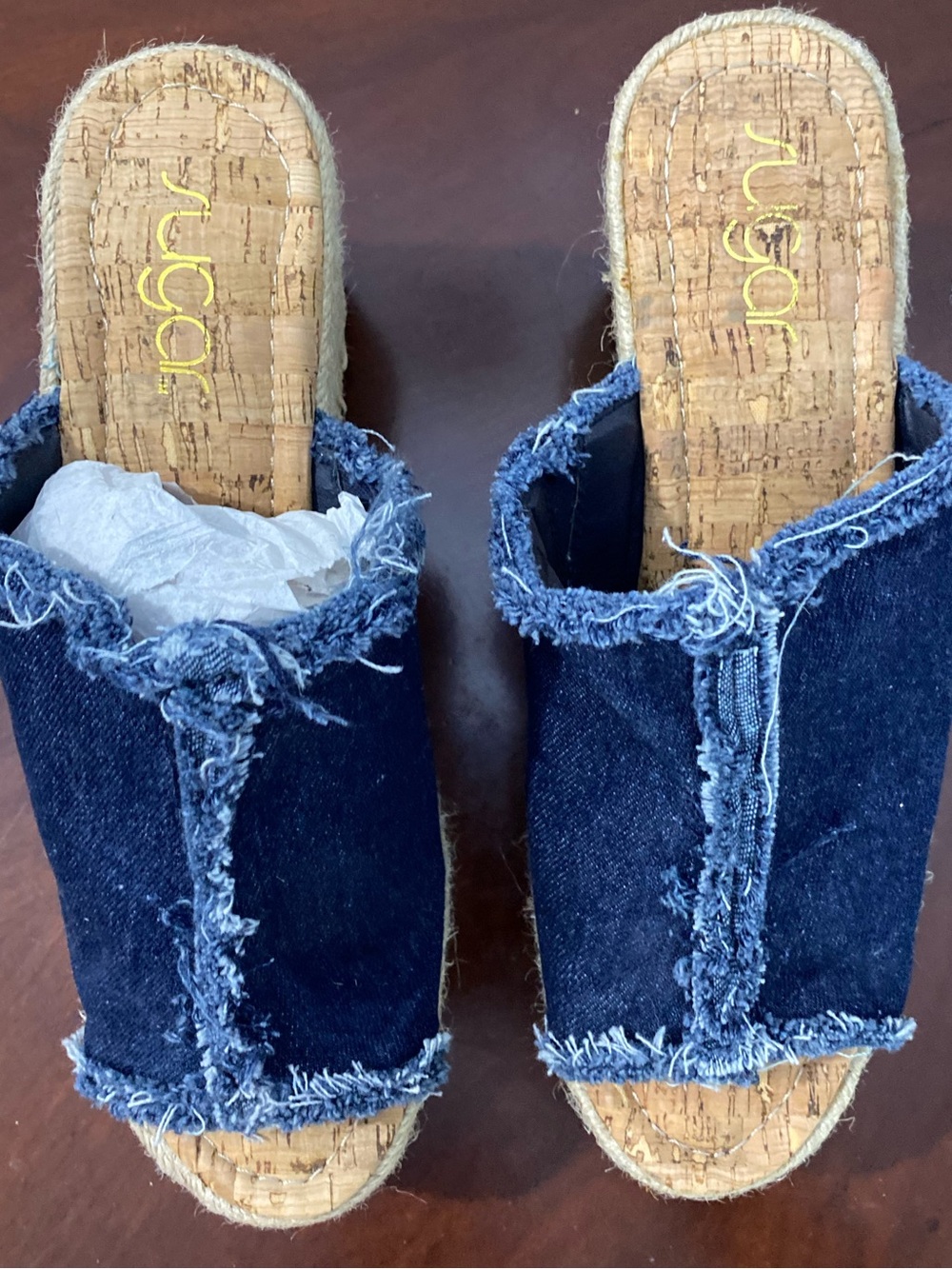 Sugar Dark Blue Denim Frayed Slide Mules